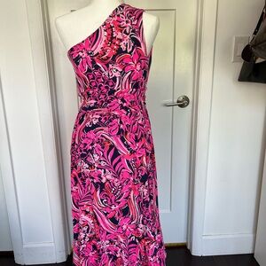 Lilly Pulitzer One-Shoulder Maxi Dress in Hot Pink and Black Floral